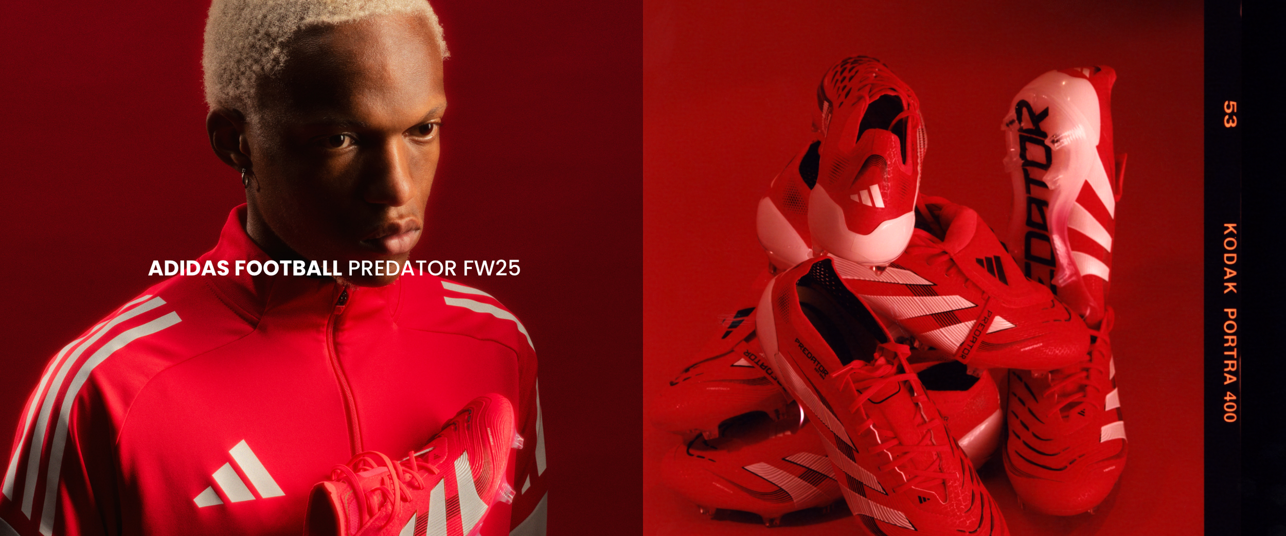 An athlete with platinum blonde hair in a red and grey Adidas sports jacket holding a red and white Adidas soccer cleat, standing against a dark red background