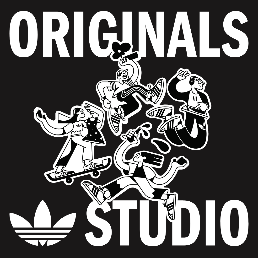 Black and white poster featuring colorful illustrations of people dancing, skateboarding, DJing, and drinking beverages, promoting an event called 'Originals Studio' with talks, workshops, and music on Saturday, October 5, 2025, at Victoria Yards, JHB, sponsored by Adidas.