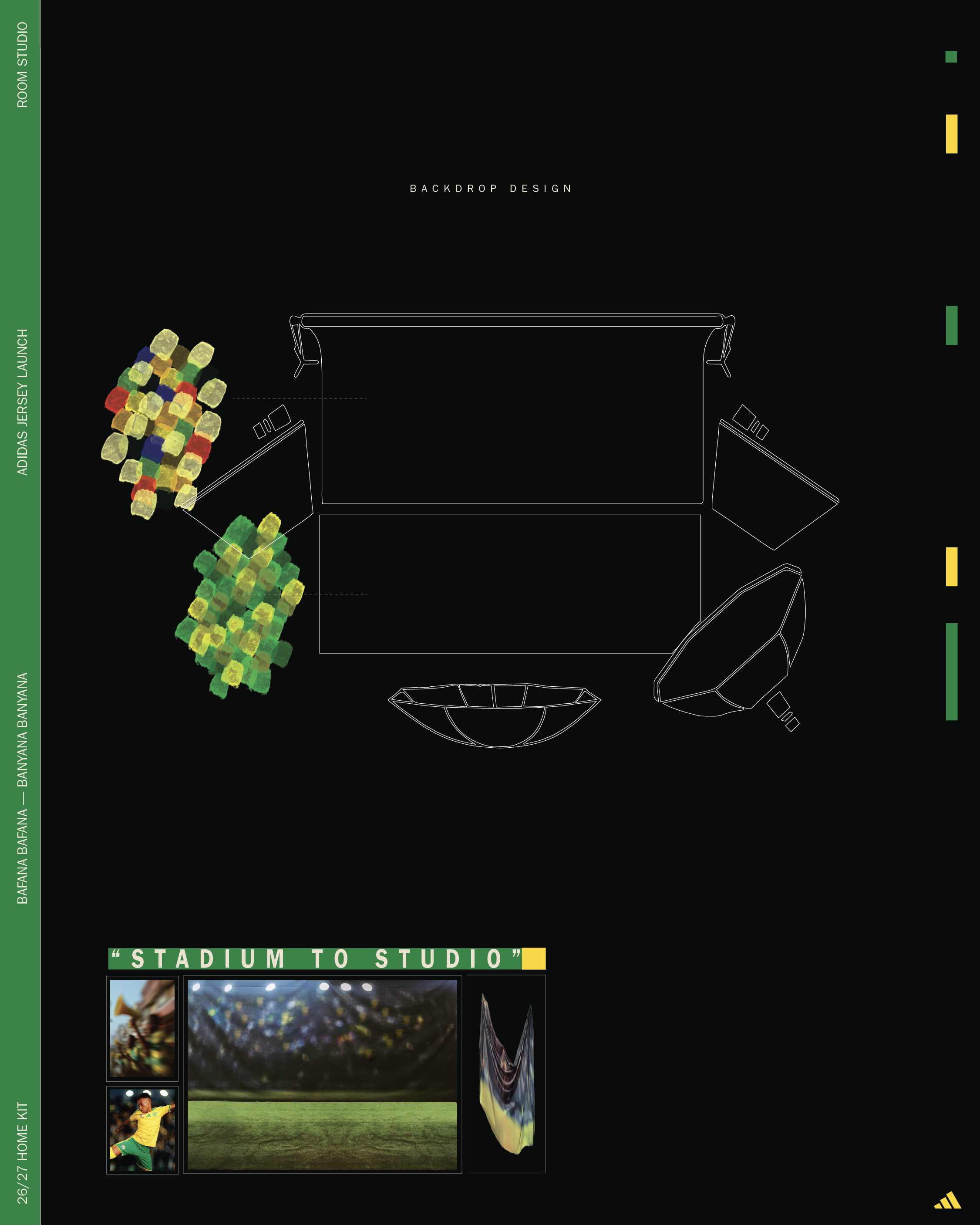 adidas Football safa world cup jersey launch campaign. Blueprint of a studio with seating, lighting, and equipment, featuring colorful abstract art installations, and a section with photos and text titled 'Stadium to Studio'.