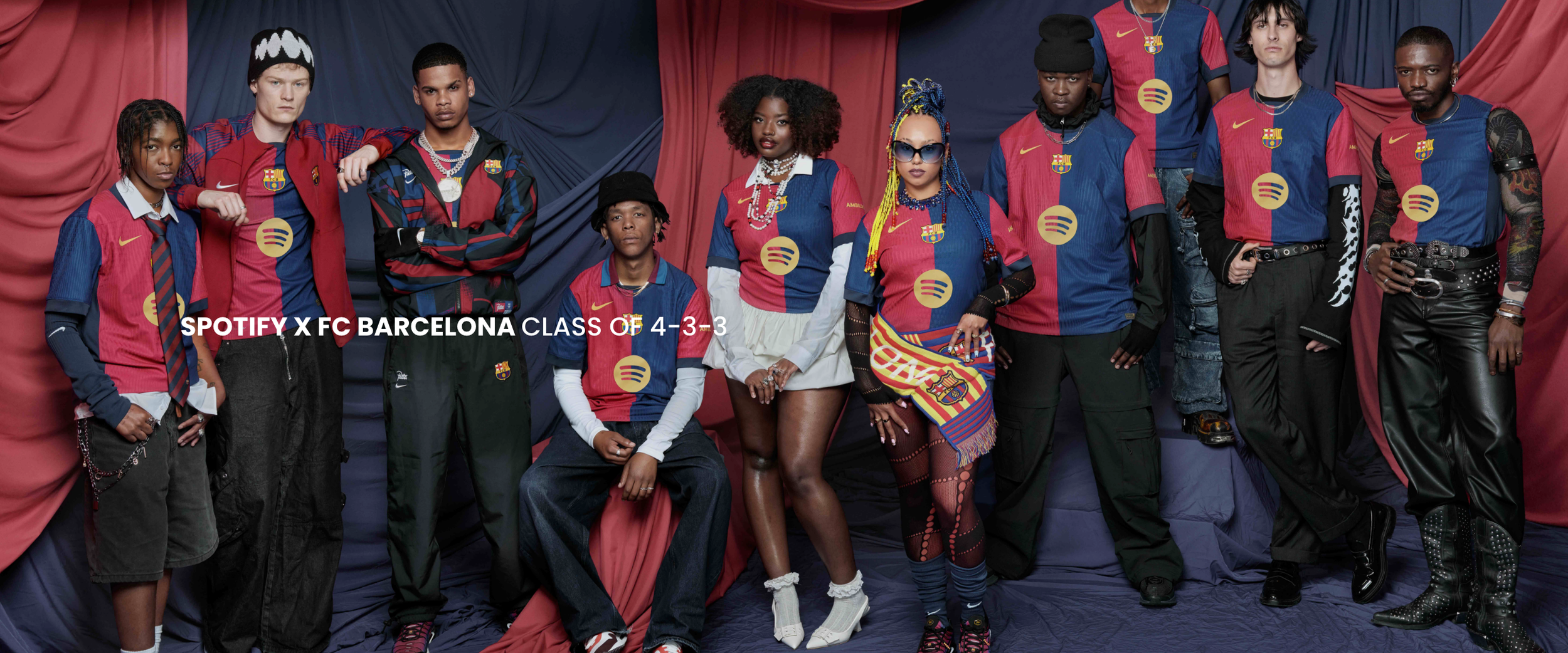 Group of diverse individuals wearing Barcelona soccer jerseys, posing together against a red and blue draped backdrop, with the Spotify and FC Barcelona logos and the text 'Class of 433' below.