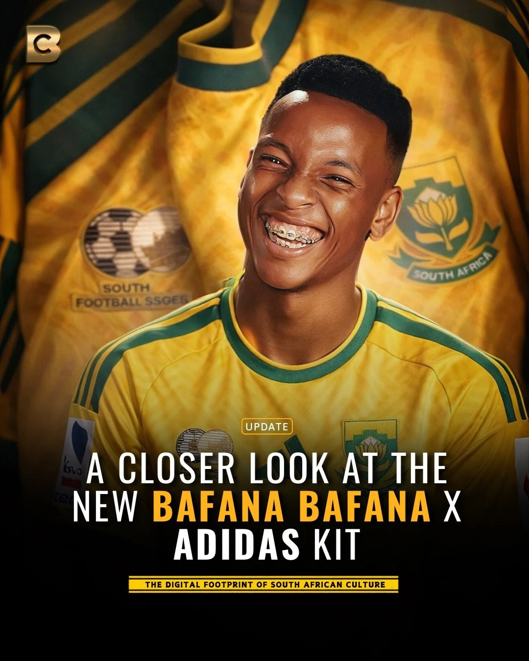 Close-up of a smiling young South African man wearing a yellow South African football jersey, with a blurred yellow jersey with green accents and South African emblem in the background.