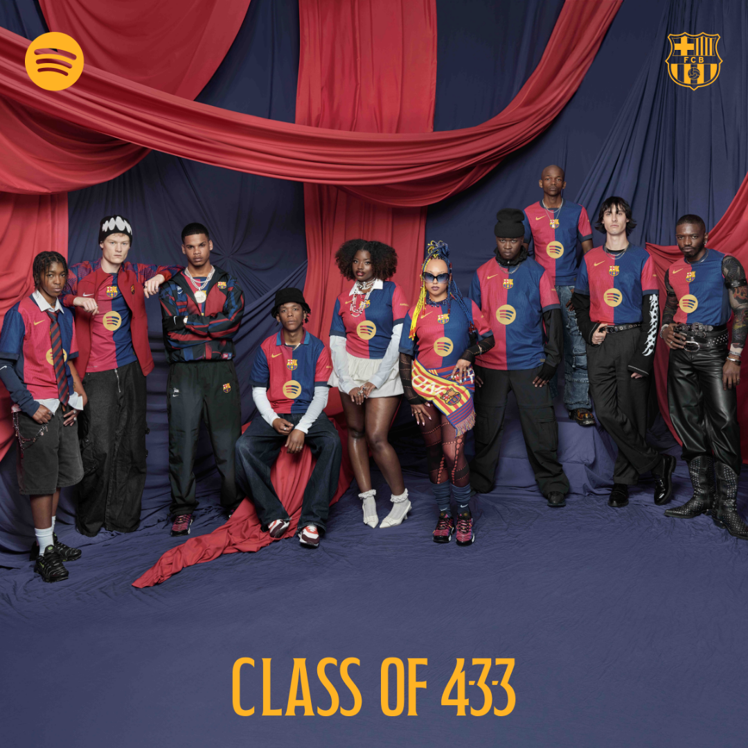Group of diverse individuals wearing Barcelona soccer jerseys, posing together against a red and blue draped backdrop, with the Spotify and FC Barcelona logos and the text 'Class of 433' below.