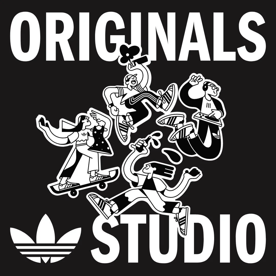 Black and white poster featuring colorful illustrations of people dancing, skateboarding, DJing, and drinking beverages, promoting an event called 'Originals Studio' with talks, workshops, and music on Saturday, October 5, 2025, at Victoria Yards, JHB, sponsored by Adidas.