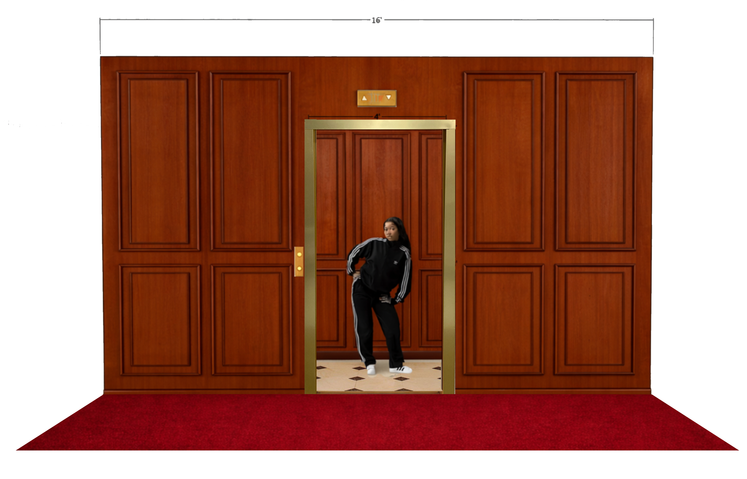 Swiitchbeauty founder, Rabia Ghoor in the adidas originals superstar spring summer 2026 campaign set build for Hotel Superstar. She is wearing a black tracksuit with white stripes and white sneakers, posing with one hand on her hip.