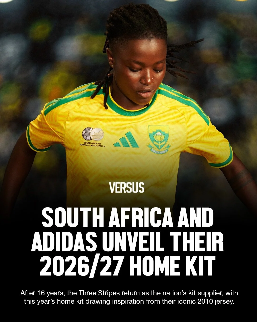 South African female soccer player wearing yellow jersey with green stripes, logos for South African Football Association and Adidas, looking down, with text overlay about unveiling the 2026/27 home kit against Adidas, inspired by 2010 jersey.