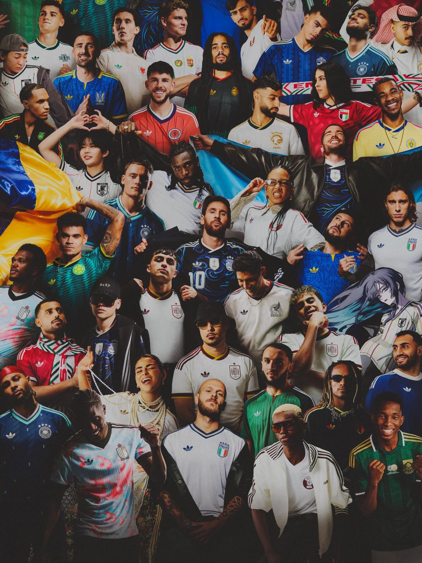 adidas Football safa world cup jersey 2026 launch. A diverse group of soccer players and fans gathered together, holding a flag, wearing team jerseys, some making gestures, and smiling.