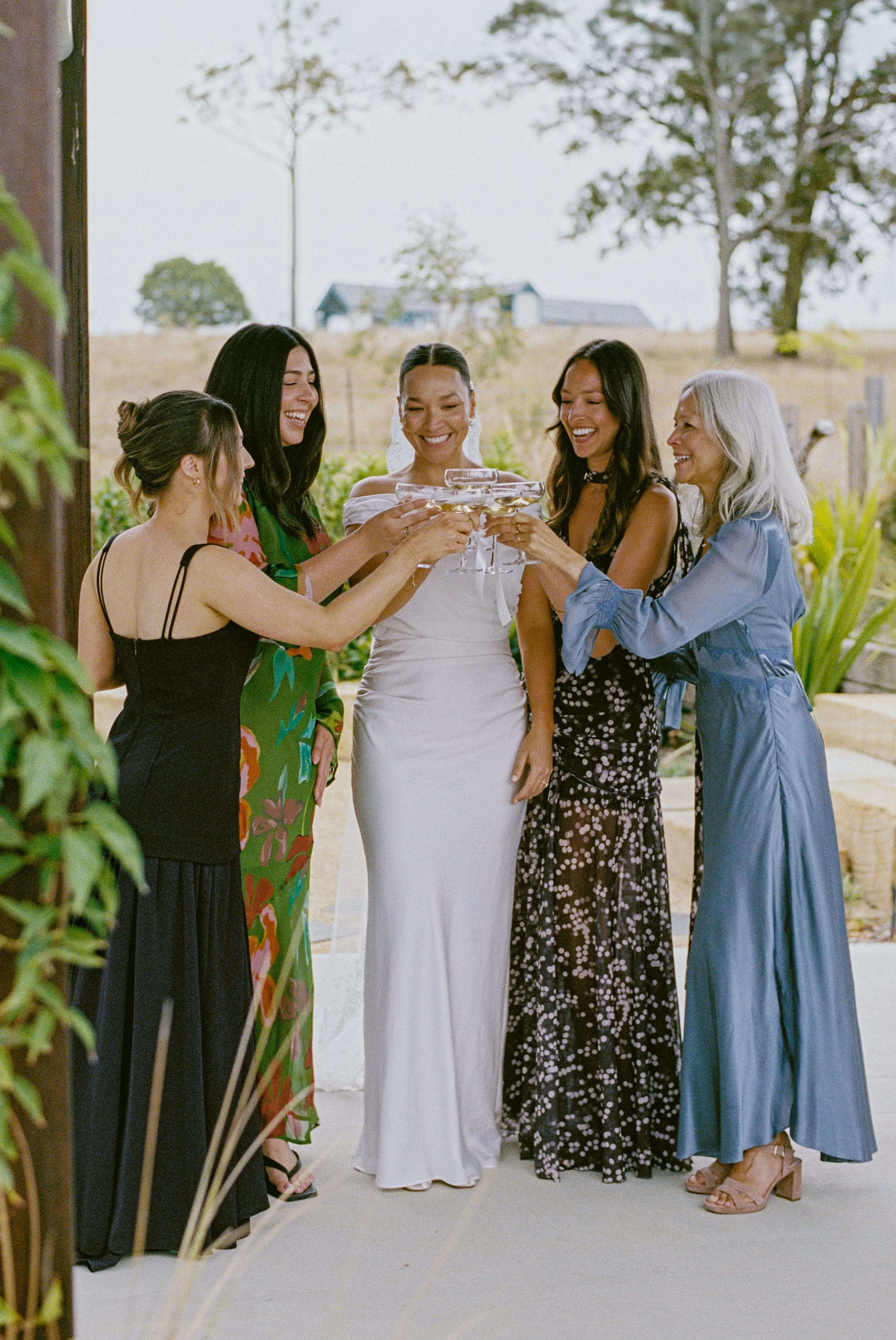A group of six women are gathered outdoors, smiling and raising glasses of champagne in a toast. They are dressed in elegant and colorful dresses, with some wearing heels. The background features trees and a building, indicating a garden or countrysi