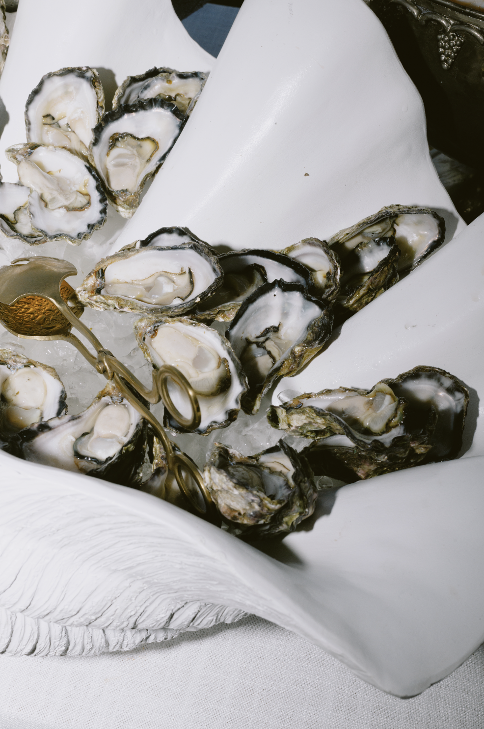 A white porcelain dish lined with white paper filled with ice and fresh oysters on the half shell, with a pair of oyster tongs resting on the oysters.