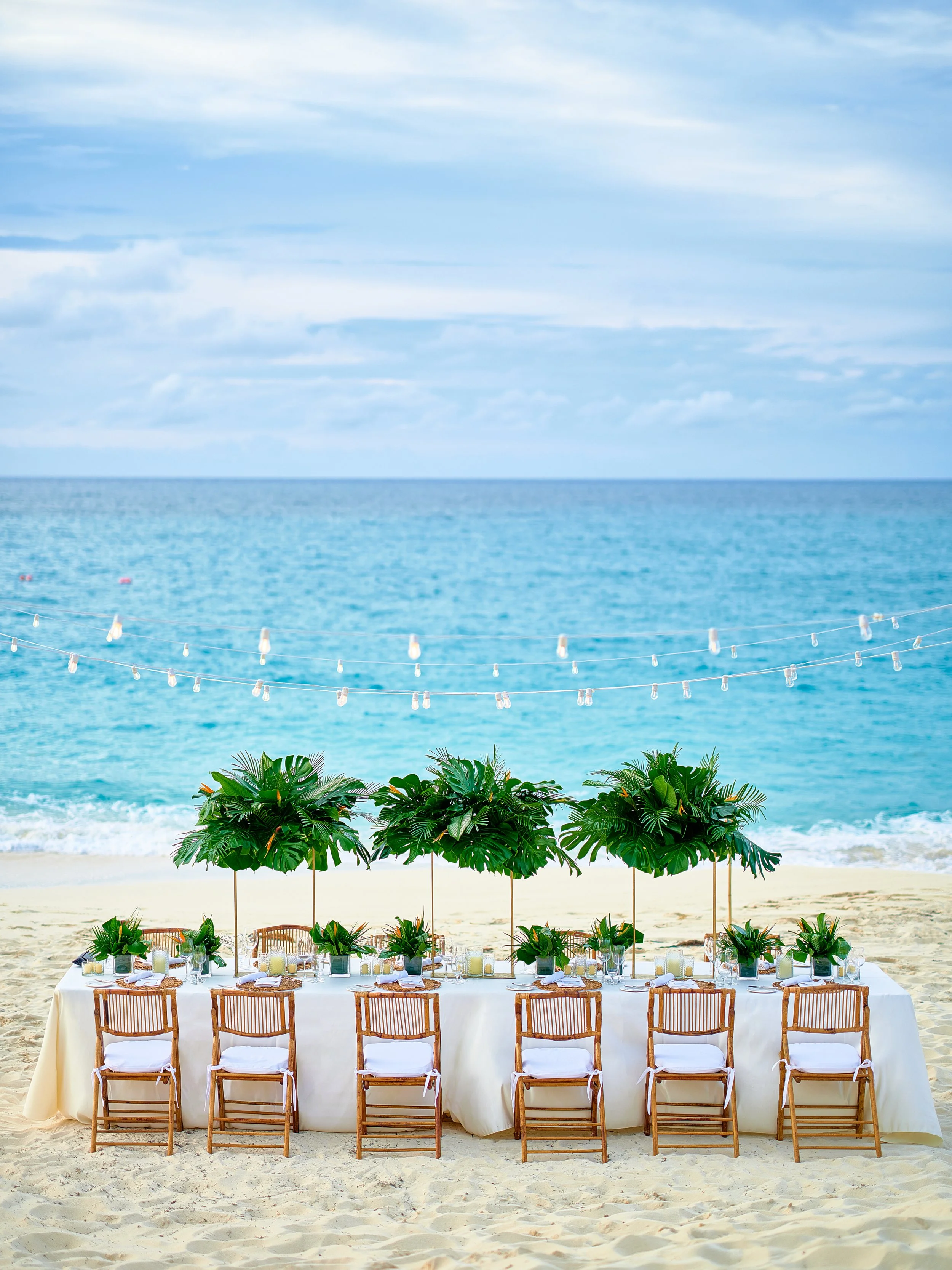 A beachside wedding reception setup with a long table decorated with tropical plants, candles, and place settings, set against the ocean with a cloudy sky, and string lights overhead.