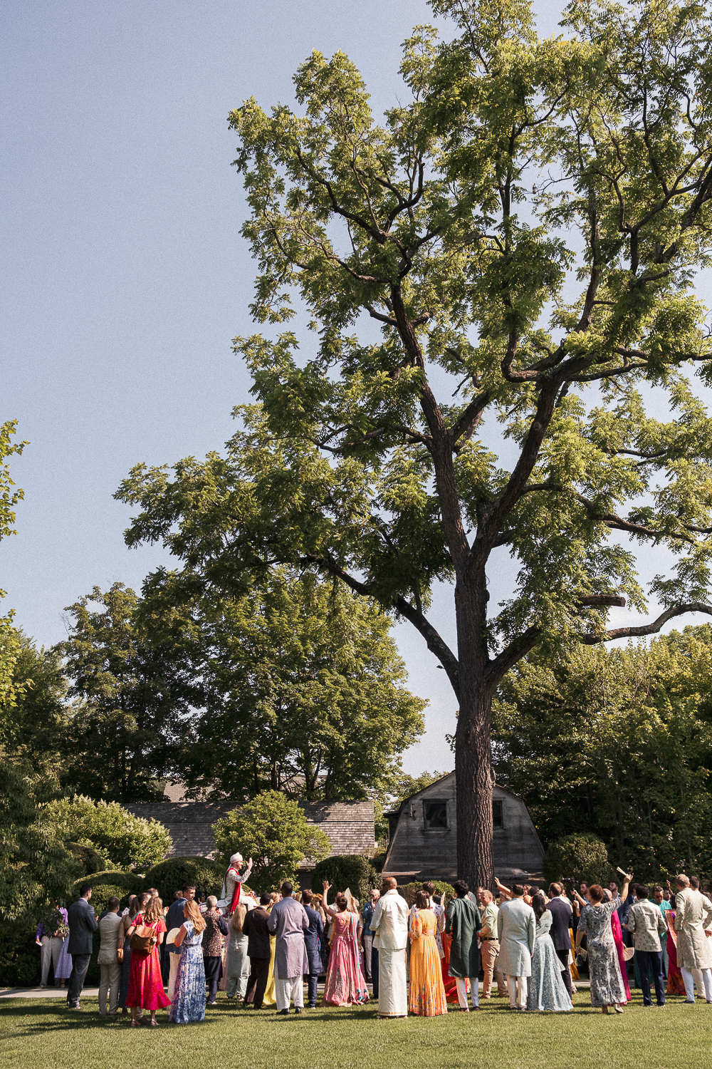 Gathering of people in formal attire outdoors under a large tree, with a small shrine or temple in the background.