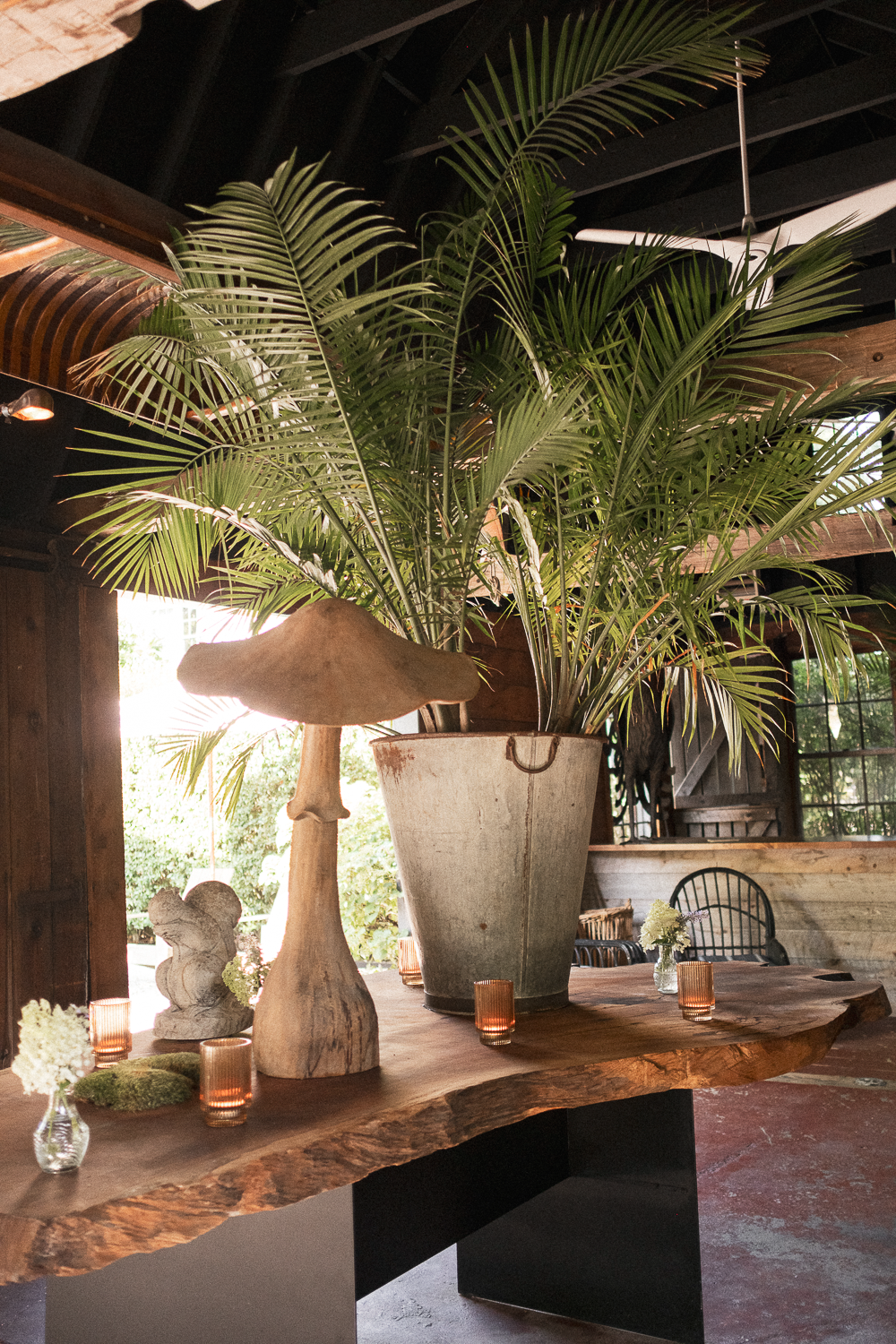 A large potted palm plant on a rustic wooden table, decorated with a mushroom-shaped sculpture, small candles, and flowers, inside a cozy room with wooden walls and large windows.