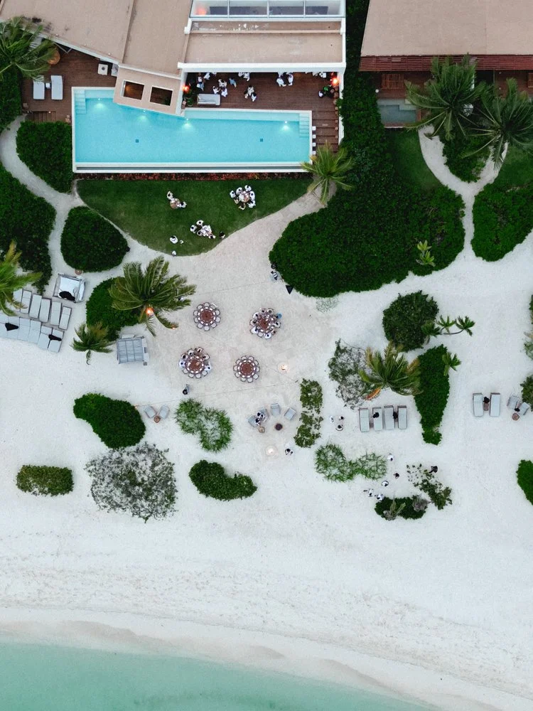 An aerial view of a beach resort with a swimming pool, outdoor seating area, palm trees, and people lounging and dining.