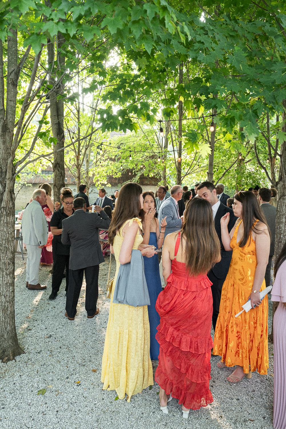 Guests mingling outdoors at a summer wedding or party under a canopy of green trees with string lights.