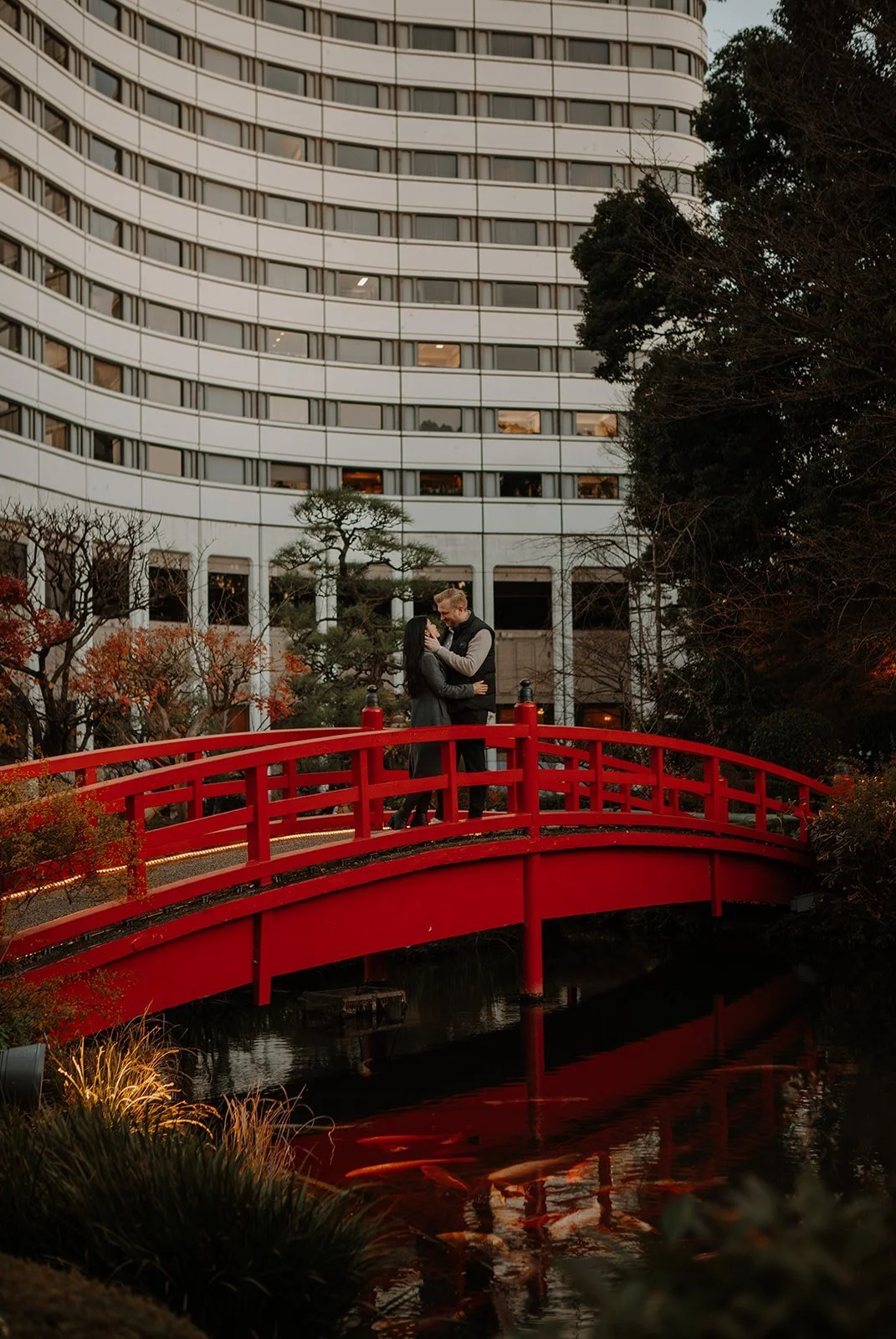 Newly engaged couple embracing on a red bridge in a Tokyo hotel garden with a koi pond below
