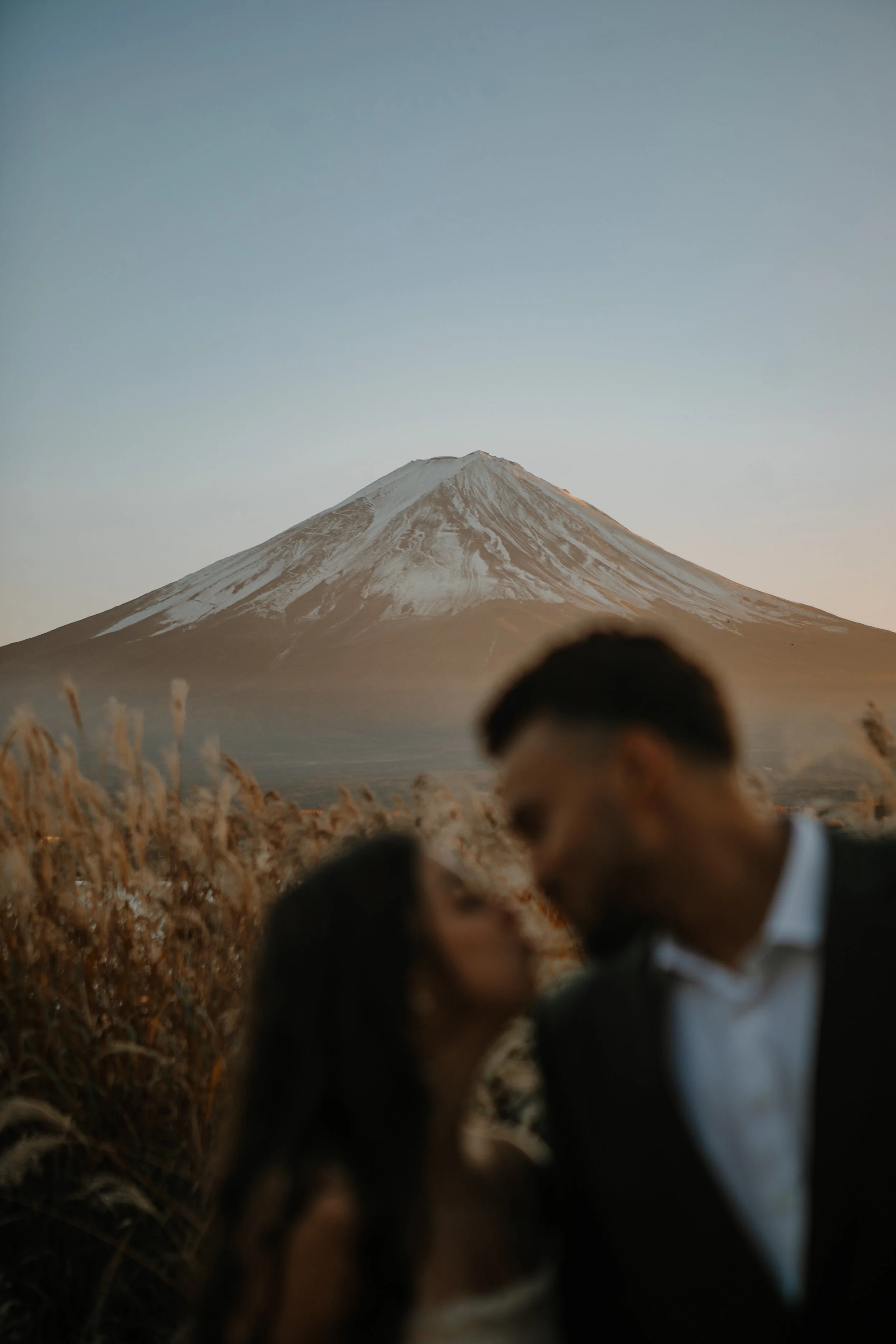 Silhouetted couple embracing in a golden dusk field with Mount Fuji rising behind tall grasses
