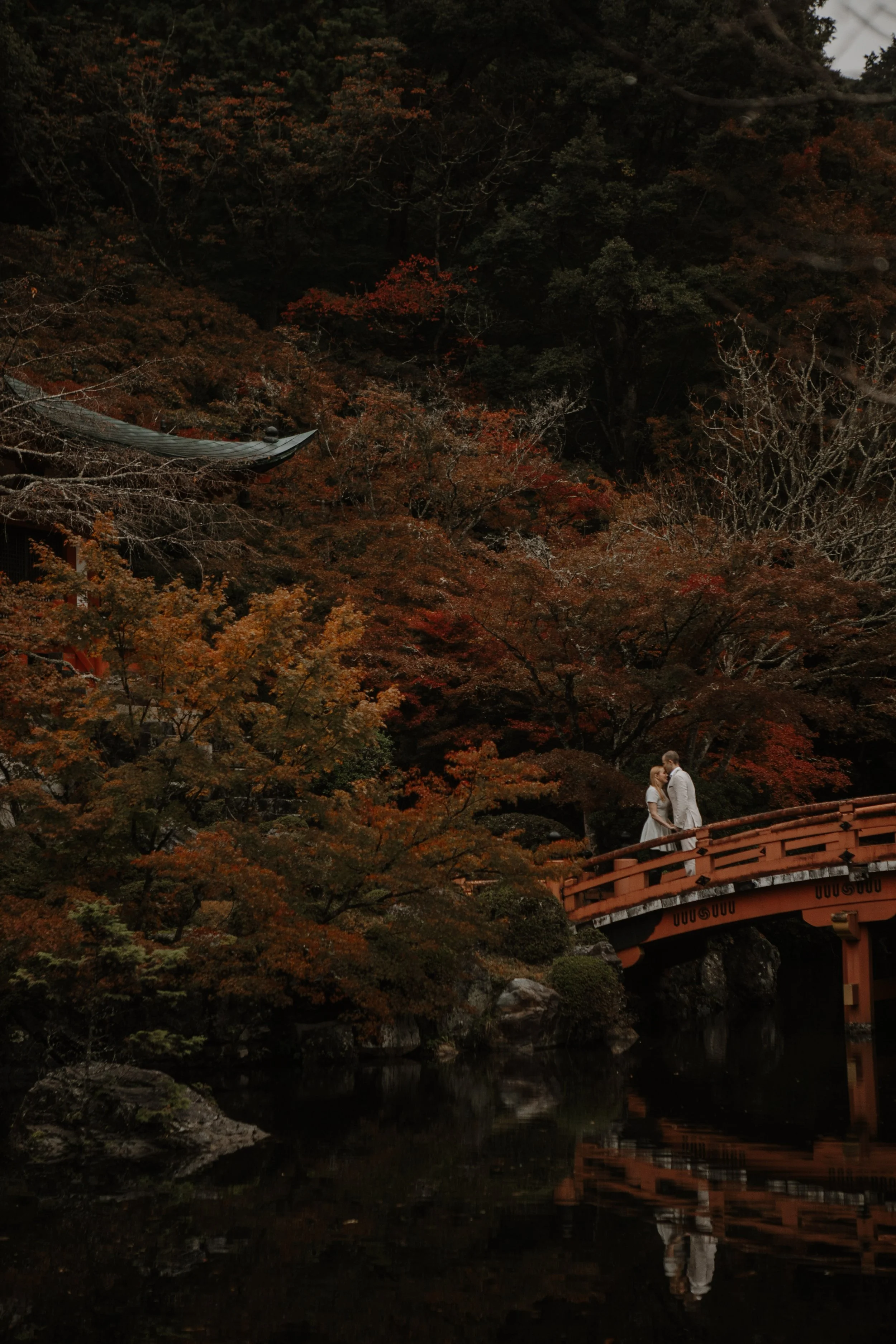 Distant view of a couple crossing the red bridge at Daigo-ji Temple surrounded by autumn color, Kyoto