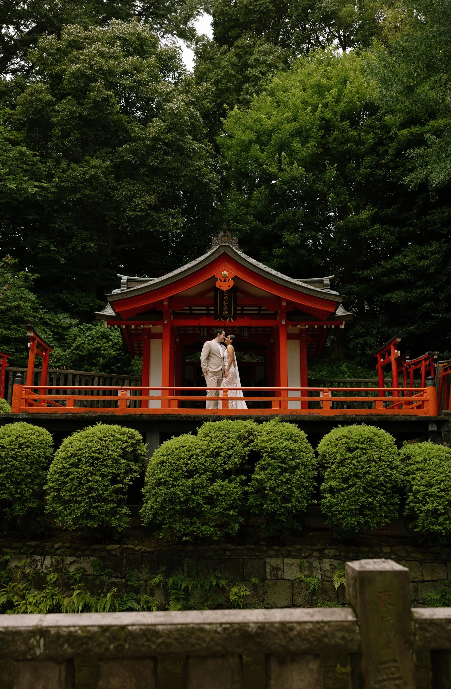 Couple embracing on the balcony of a red Shinto shrine pavilion surrounded by clipped green hedges in Japan