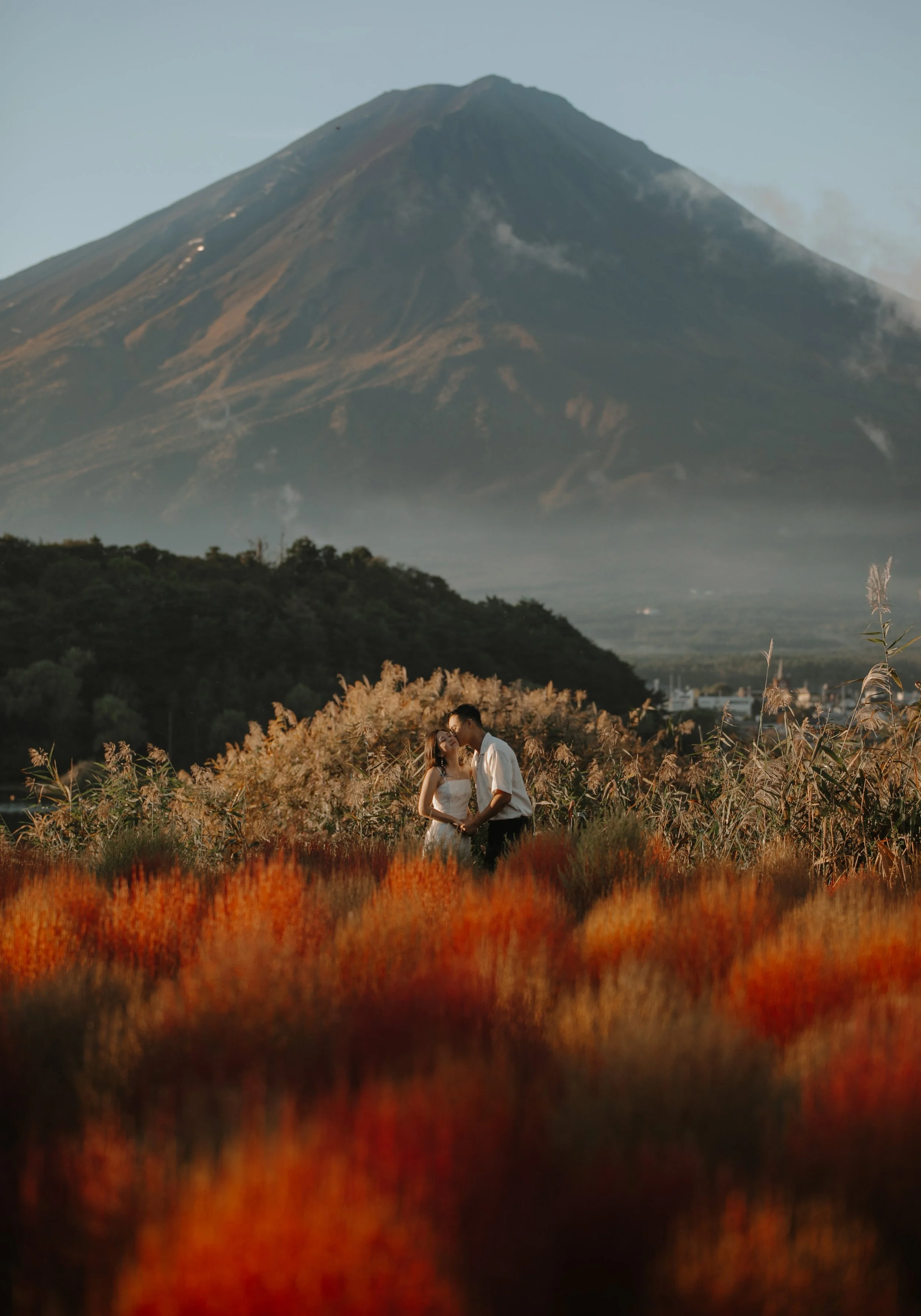 Bride and groom kissing in a golden field with red foliage in the foreground and Mount Fuji behind them