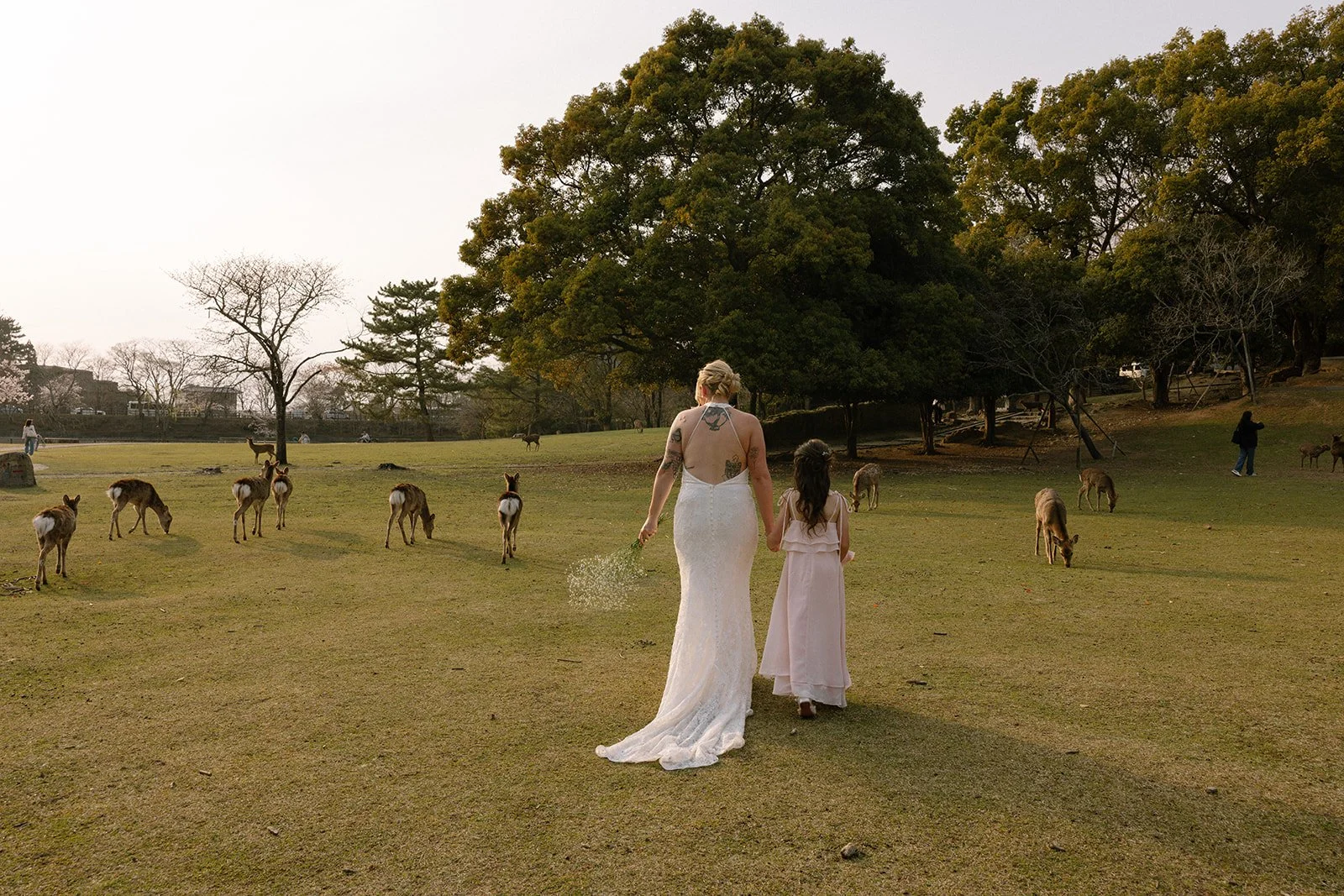 Bride and flower girl walk through a meadow of grazing deer in Nara Park.