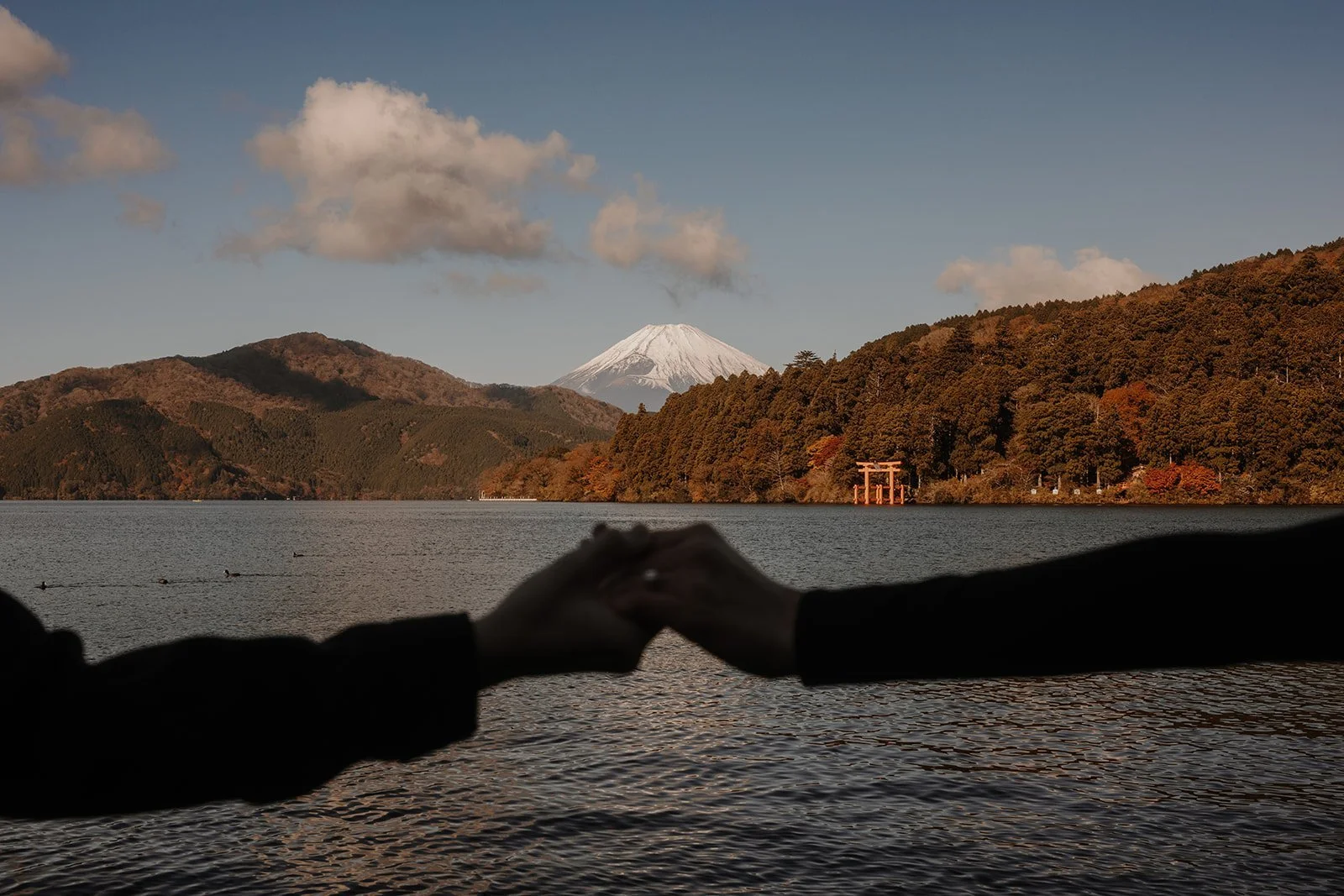 Couple holding hands showing an engagement ring with Mount Fuji, the torii gate and Lake Ashi behind them, Hakone
