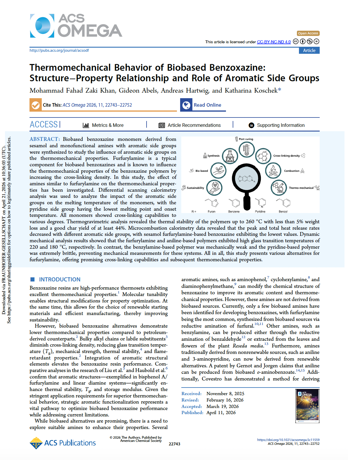 Scientific article titled 'Thermomechanical Behavior of Biobased Benzoxazine: Structure-Property Relationship and Role of Aromatic Side Groups' from ACS Omega journal, with a diagram showing chemical synthesis and thermomechanical properties of benzoxazine polymers.