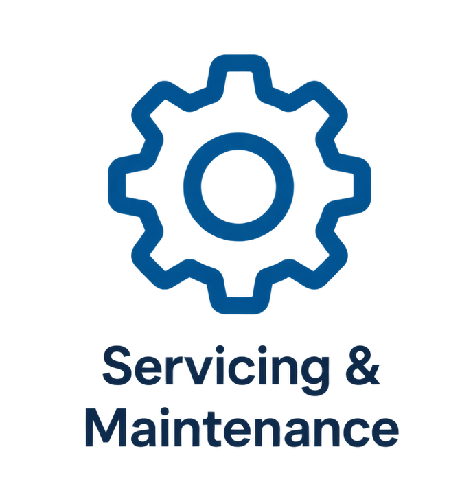 Blue gear icon with lines indicating process, and the text "Servicing & Maintenance" below.