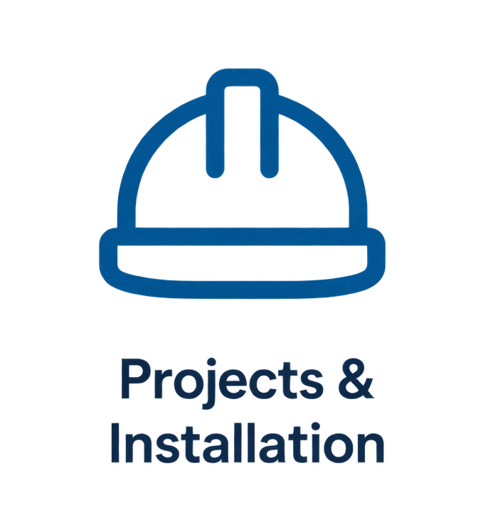 A logo with a blue safety helmet icon above the text "Projects & Installation" in blue.