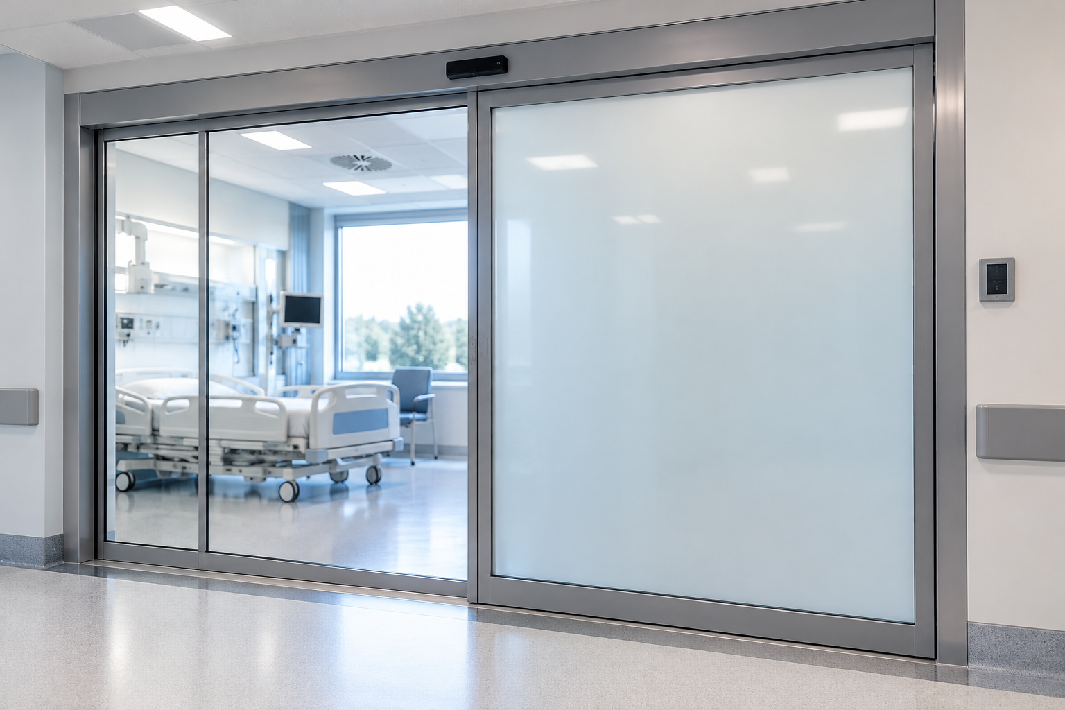 Hospital room with a hospital bed, medical equipment, chair, and large window, viewed through sliding glass doors.