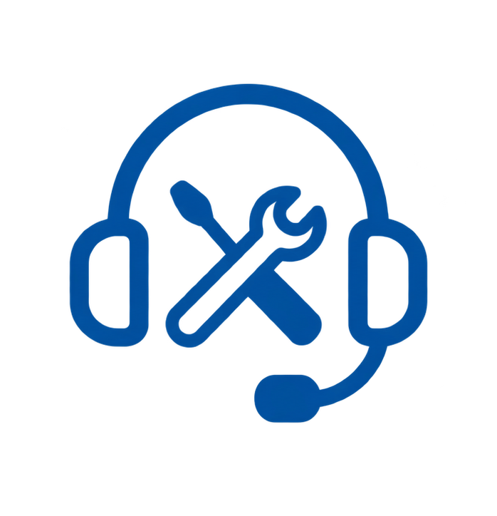 Blue icon of a headset with a wrench and screwdriver crossed inside, indicating technical support or customer service