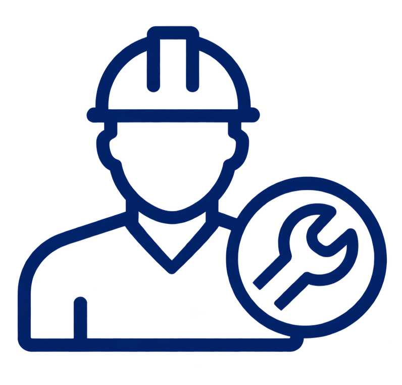 Blue con of a construction worker wearing a hard hat with a wrench symbol.