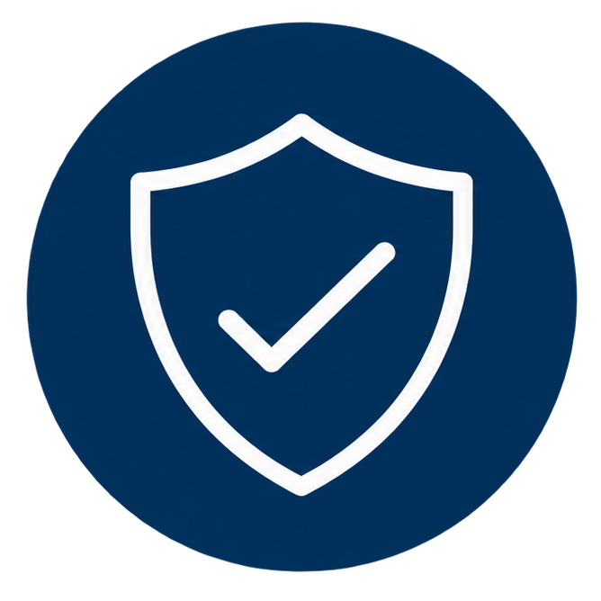 Security shield icon with a checkmark in the center, on a dark blue circular background.