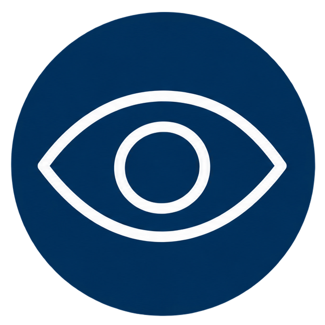 White eye icon on a dark blue circular background.