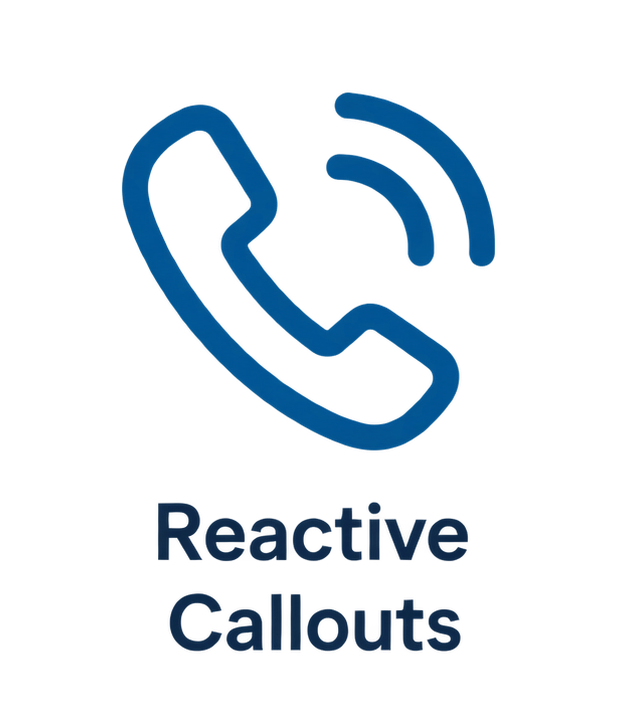 Logo for Reactive Callouts, featuring a blue telephone handset with sound waves and bold text.