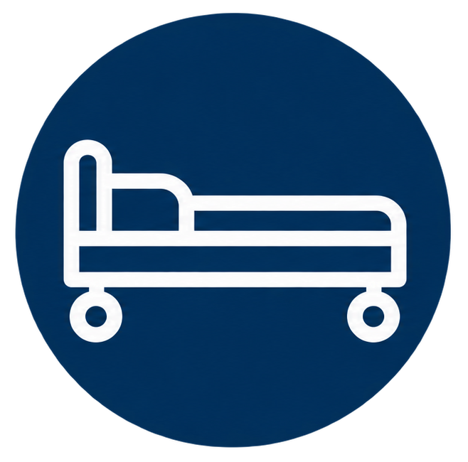 Icon of a hospital bed in white on a dark blue circular background.