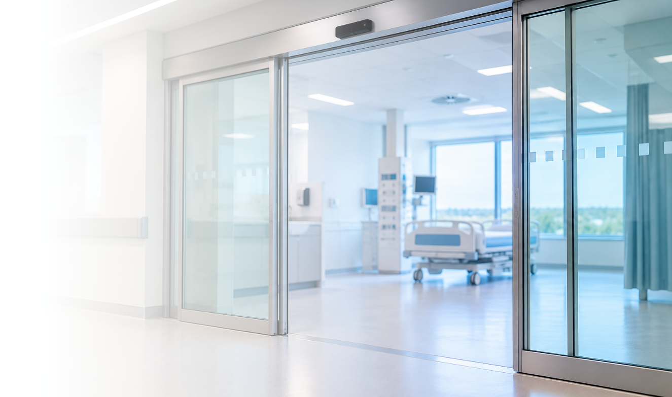 Empty hospital room with bed and medical equipment visible through glass sliding door.
