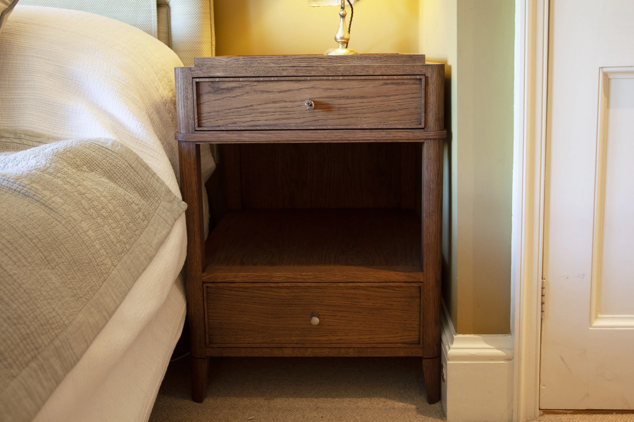 dark stained oak bespoke bedside table with refined detailing