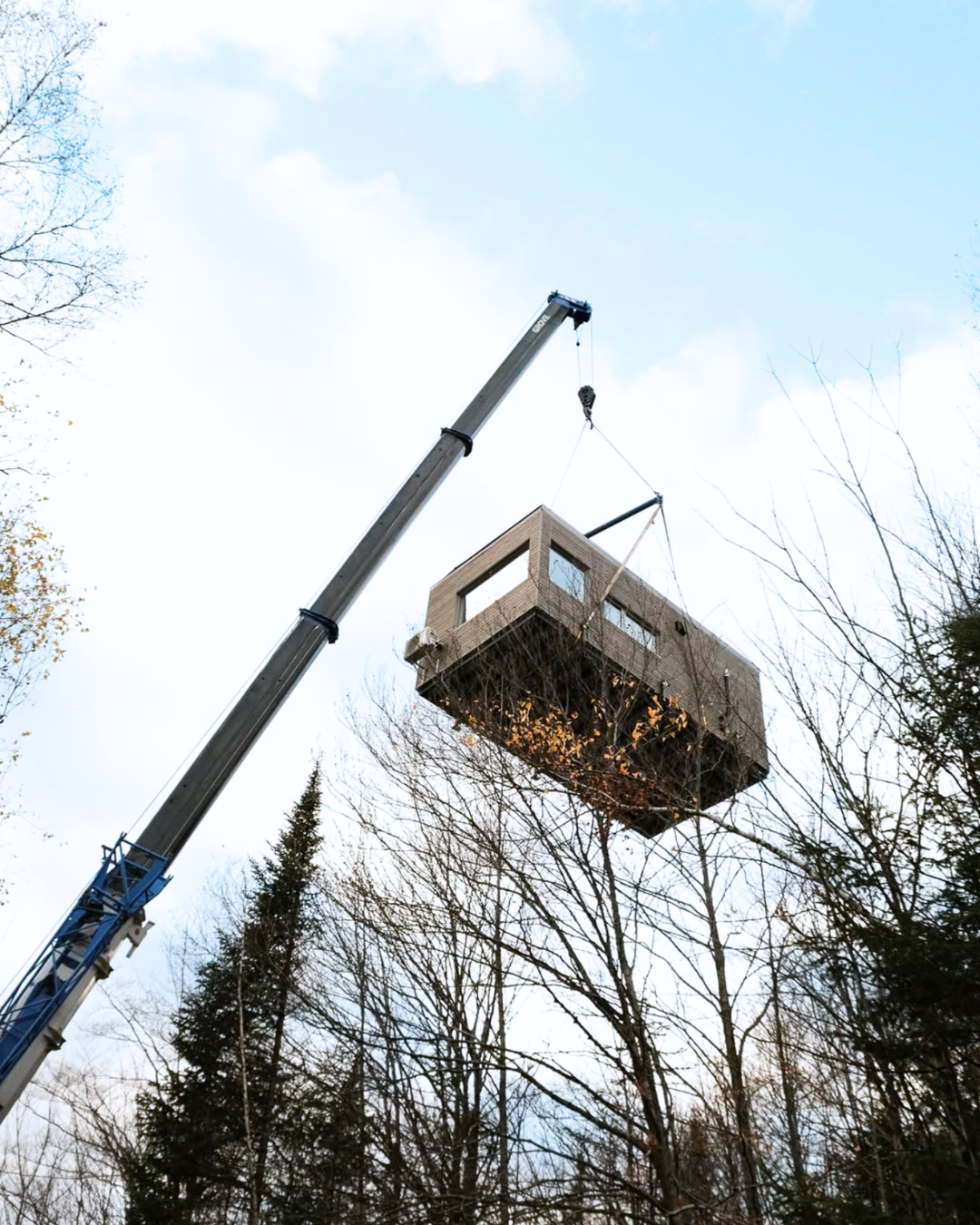 Grue soulevant une maison préfabriquée au-dessus d’un terrain boisé.