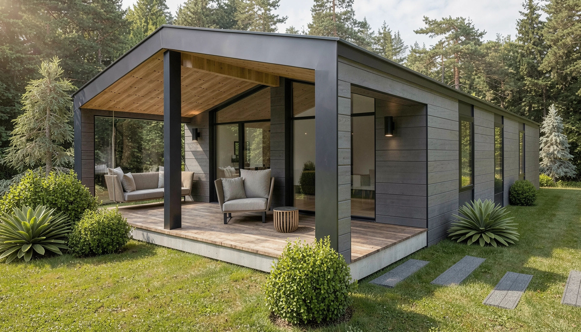 Modèle MÖKKI: chalet de style scandinave avec galerie couverte et grandes fenêtres