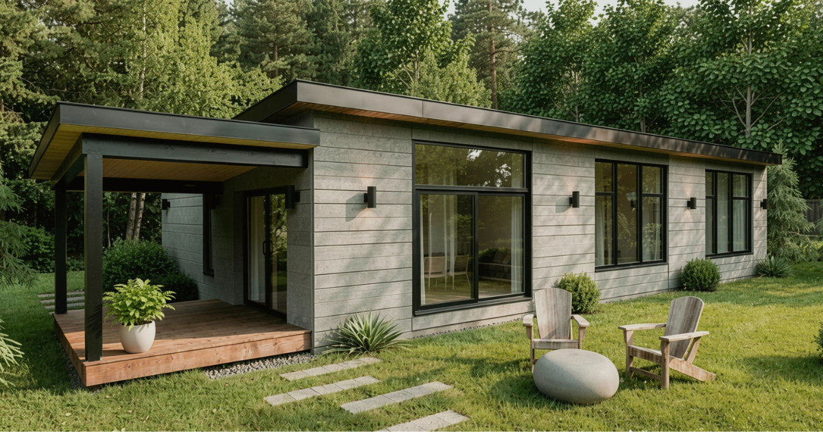 Modèle YÄNI : Maison modulaire contemporaine de plain-pied avec terrasse en bois et grandes fenêtres noires.