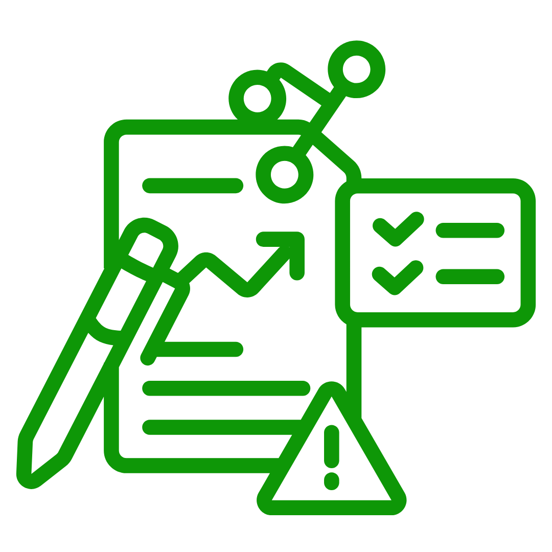 icon of analysis pencil hazard sign and checklist