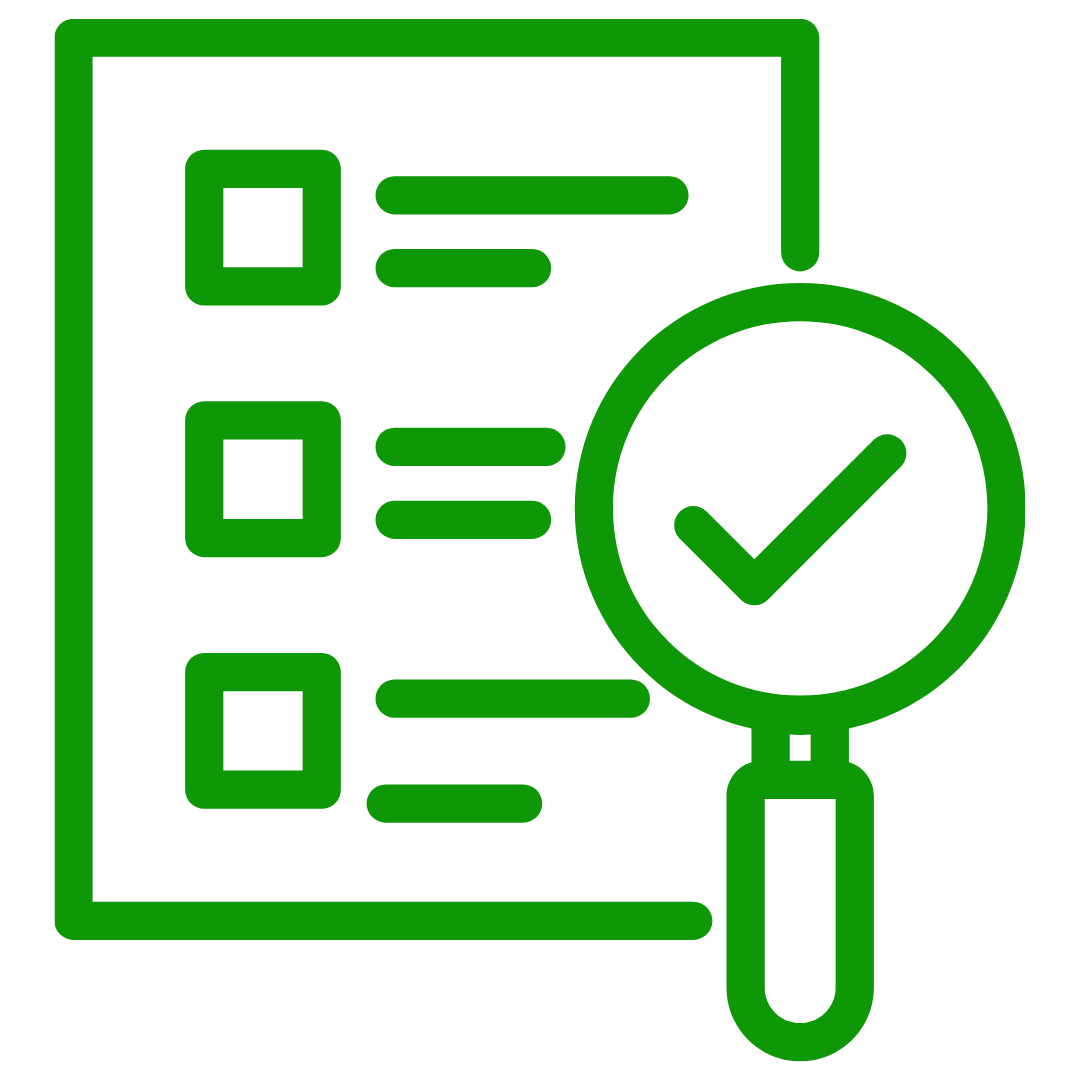 icon of checklist with magnifying glass showing checkmark