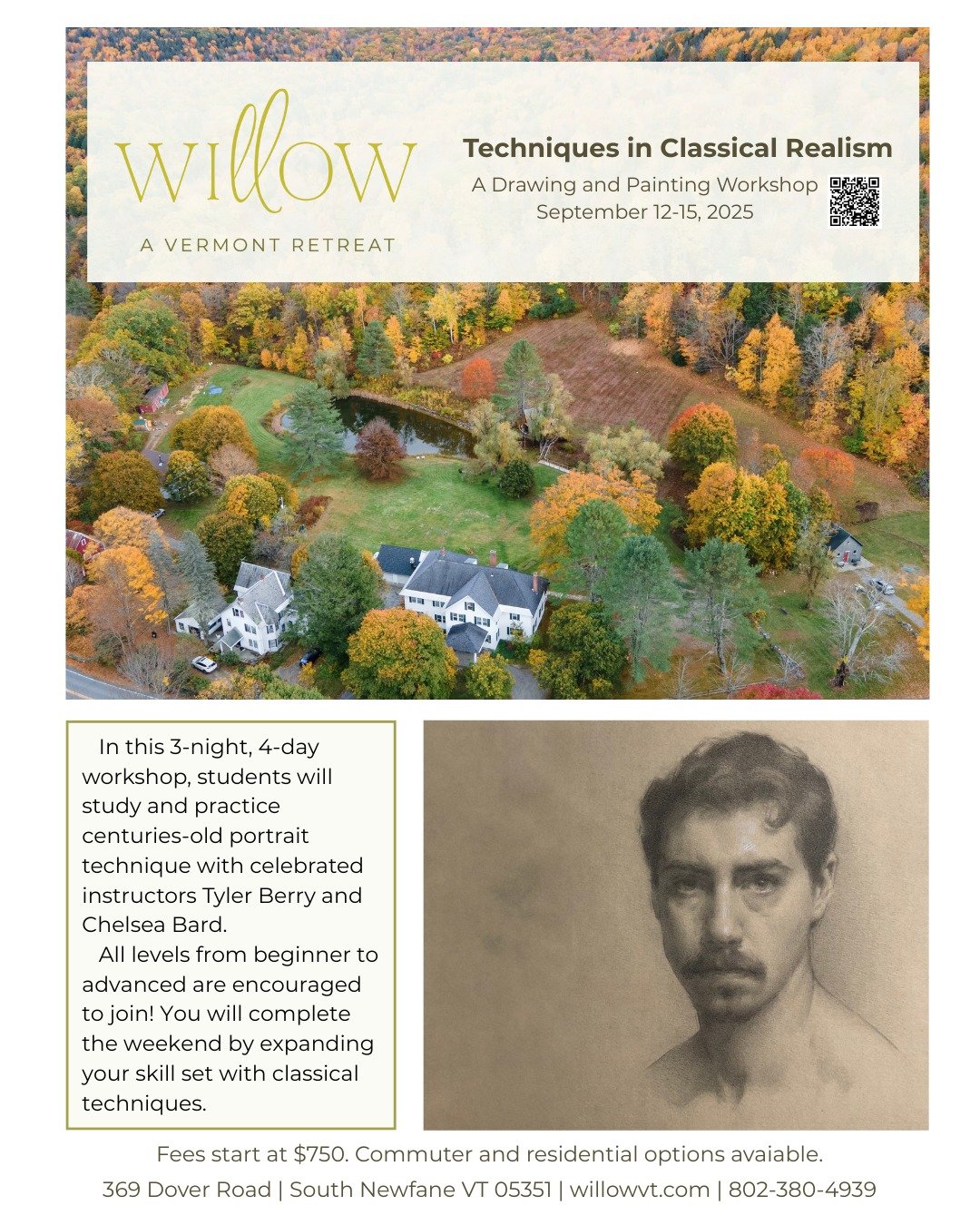 Two exceptional drawing instructors are teaching at Willow in early September!

We first met Tyler Berry and Chelsea Bard when they were students at the Grand Central Atelier. I (Tom) stumbled across Tyler's self portrait on Instagram, the very image