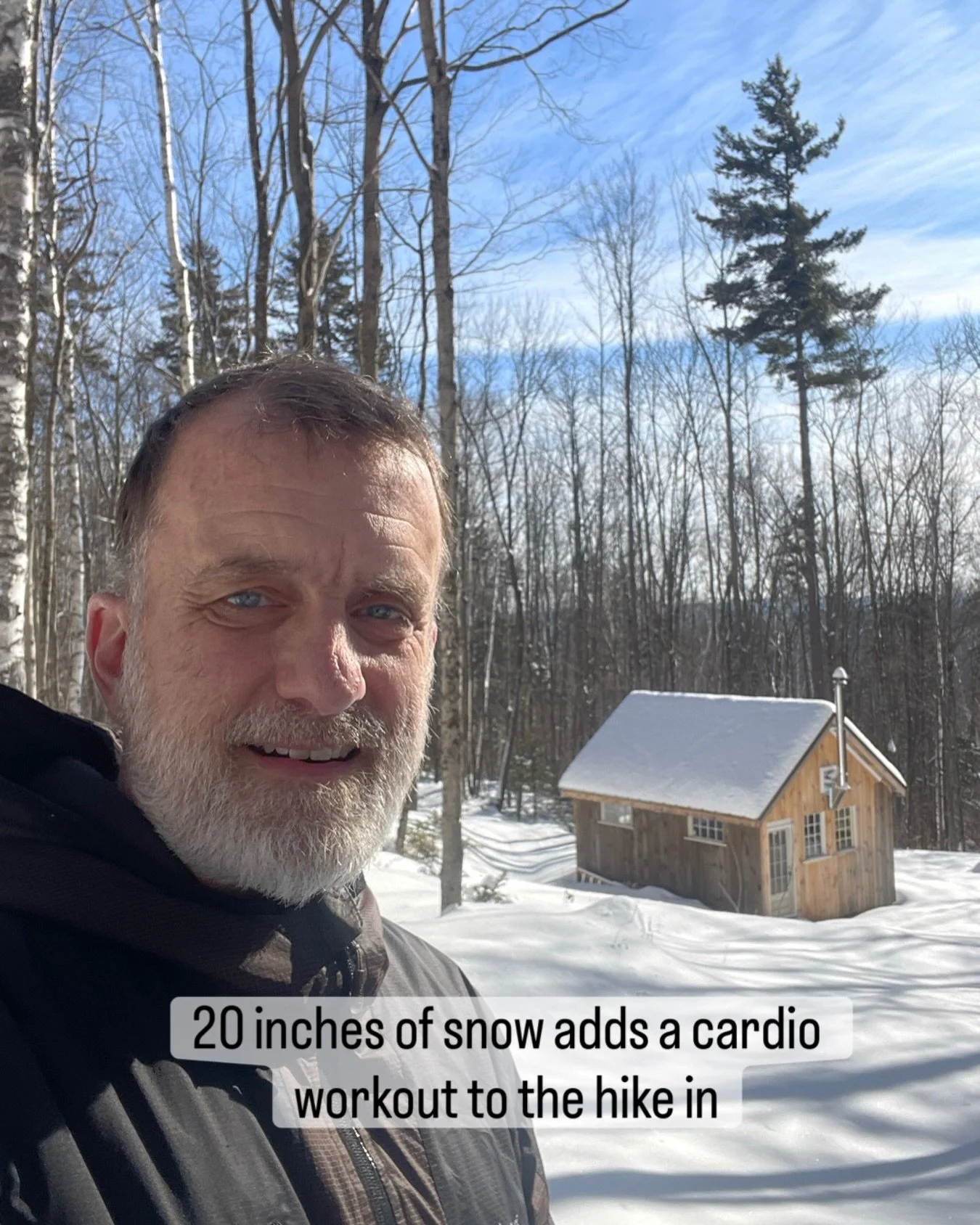 20 inches of snow adds a nice cardio workout to the hike to the off grid cabin. It&rsquo;s so beautiful, so still, so worth it. #offgridcabin #worthit #vermont #greenmountains