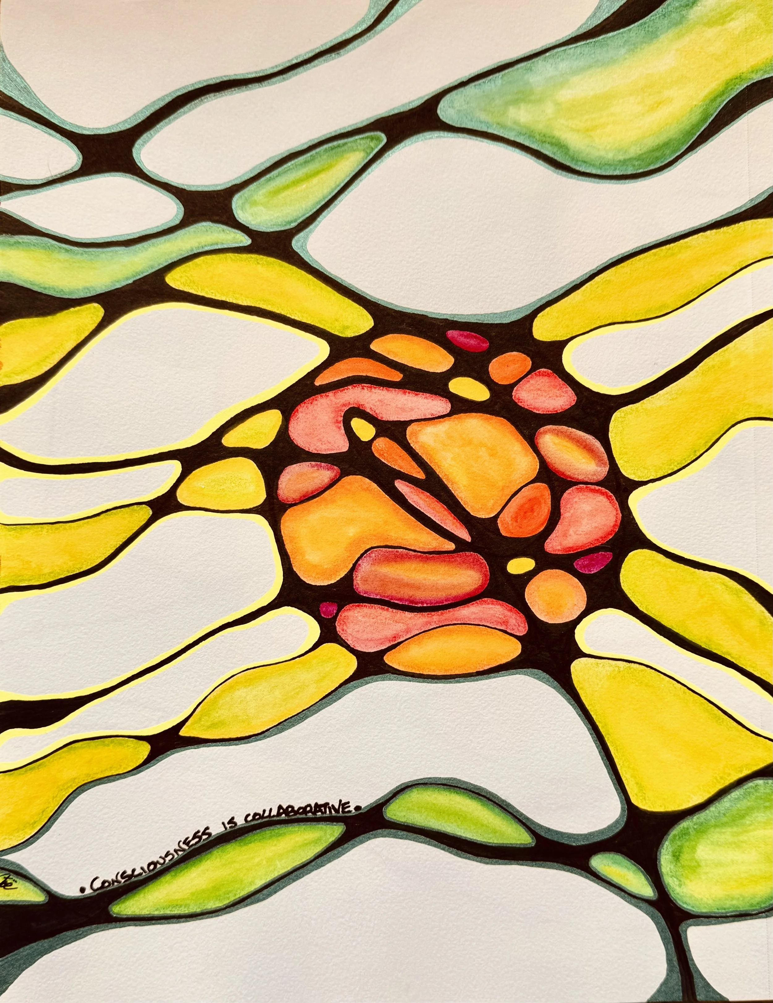 Original abstract art by artist Zoe Johnson titled “Consciousness Is Collective” — expressive art therapy and integrative psychotherapy.