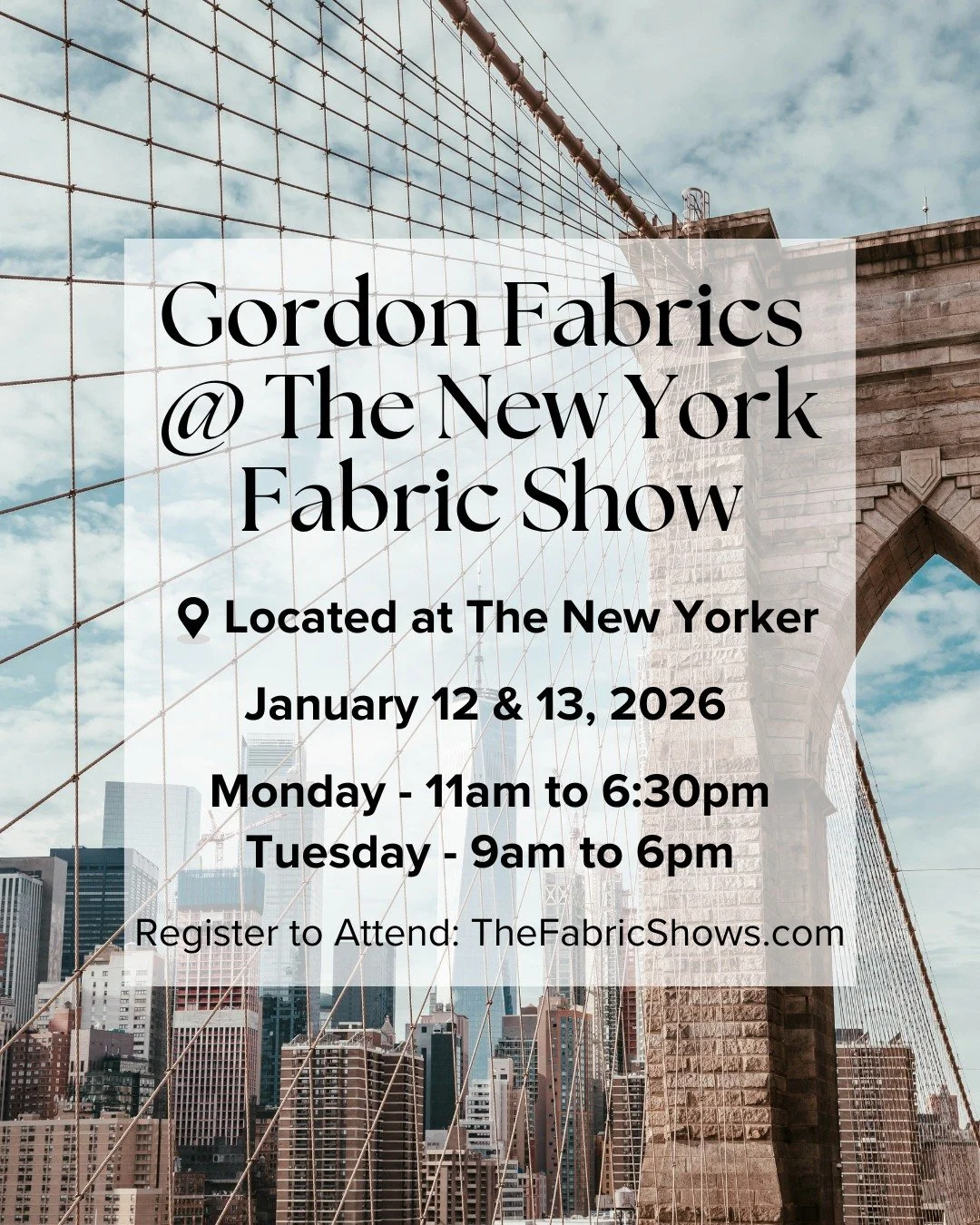 We are back at The New York Fabric Show in one month! 🏙

Stop by the New Yorker Hotel on January 12th &amp; 13th to see our latest collection of fabrics.

Location: New Yorker Hotel
Address: 481 8th Ave (at 34th St.), New York, NY 10001
Date: Monday