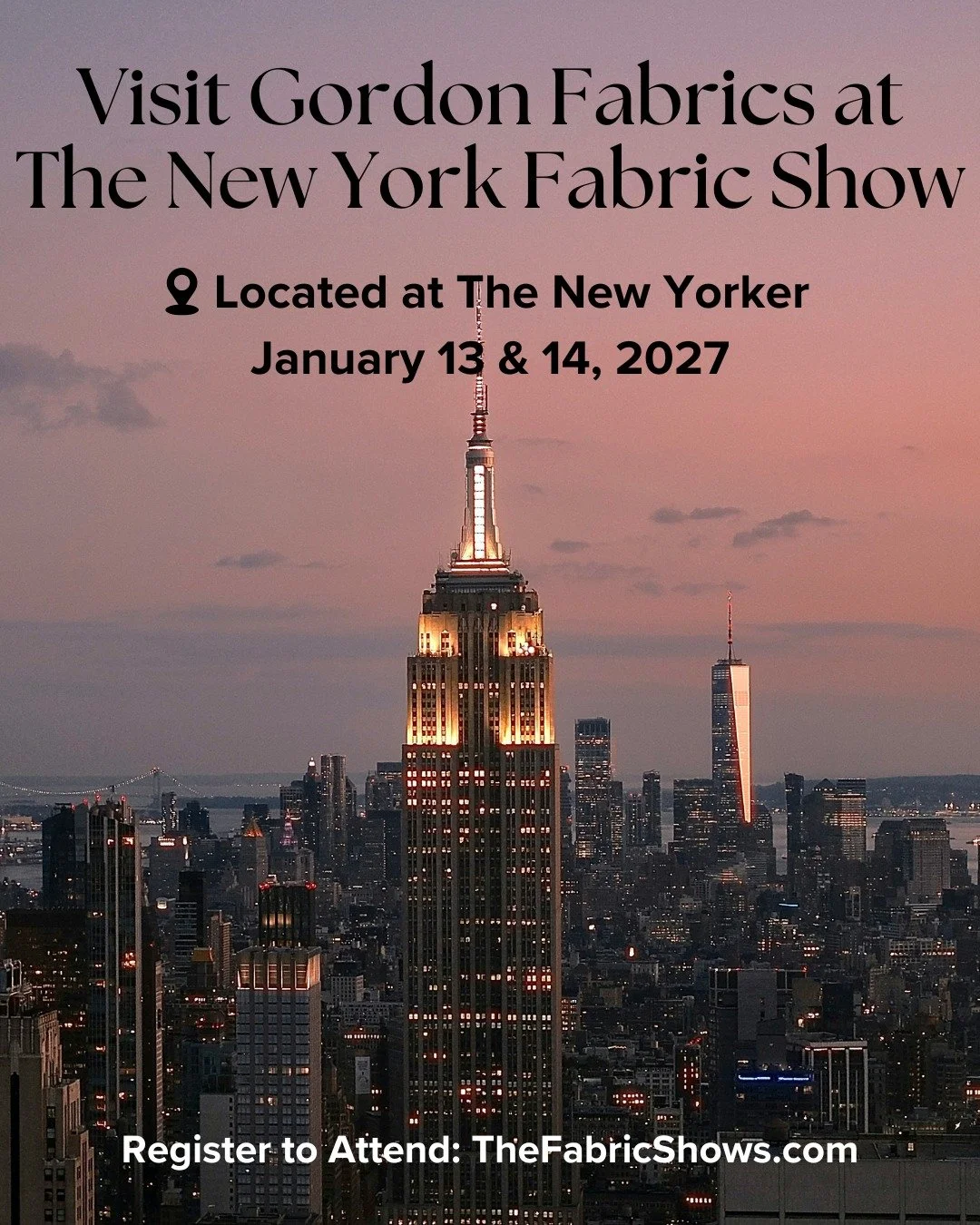 Save the date! We are back at The New York Fabric Show in January 🏙

Location: New Yorker Hotel
Address: 481 8th Ave (at 34th St.), New York, NY 10001
Date: Wednesday, January 13th &amp; Thursday, January 14th, 2027
Hours: Monday 10am to 6pm; Tuesda