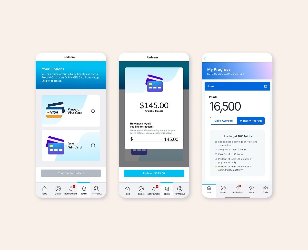 A health app with employee integration. Employees can track their health journey, participate in challenges, earn and redeem winnings.
