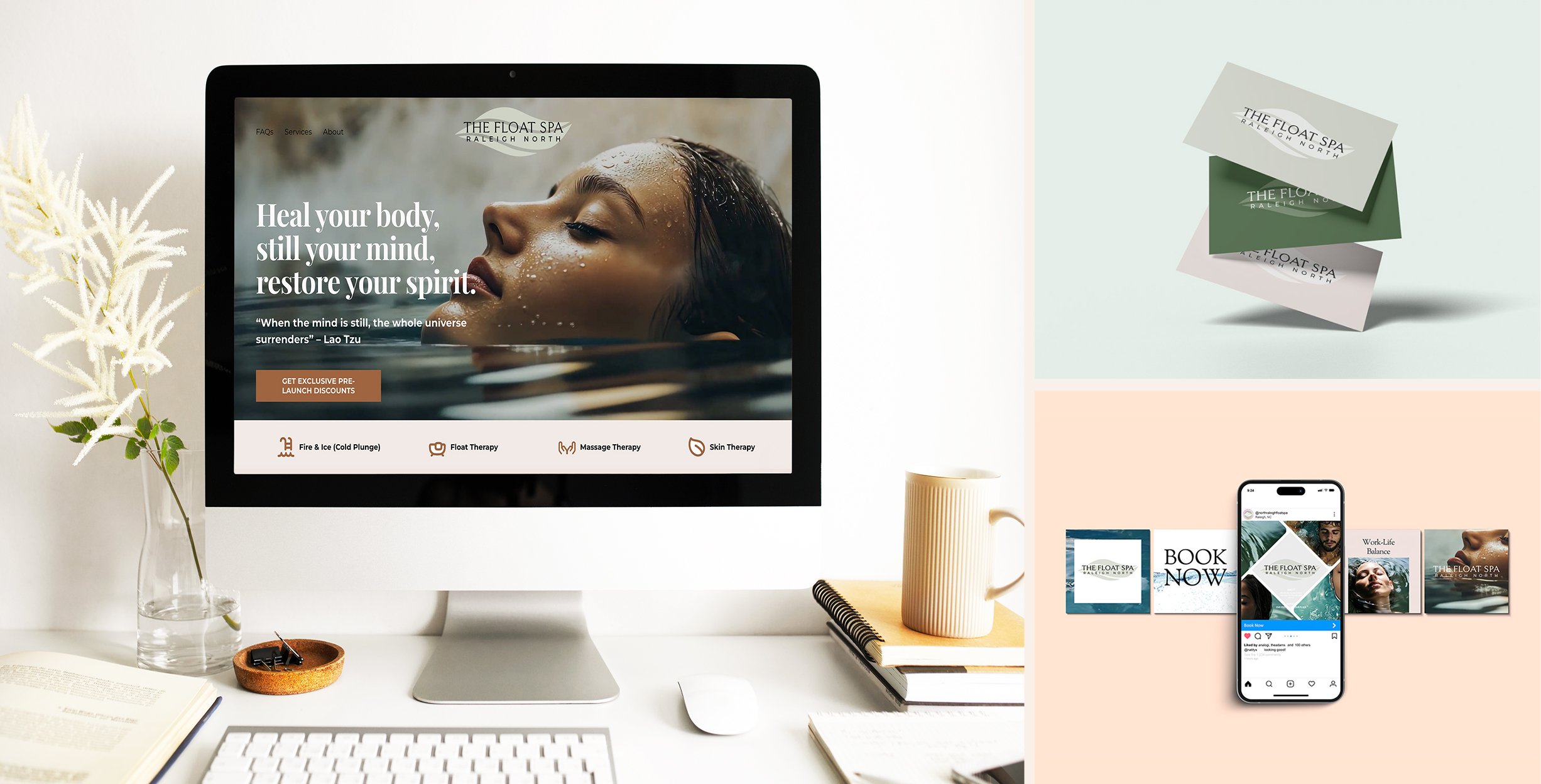 mockup of a computer with a designed website, business cards and social media posts btanded