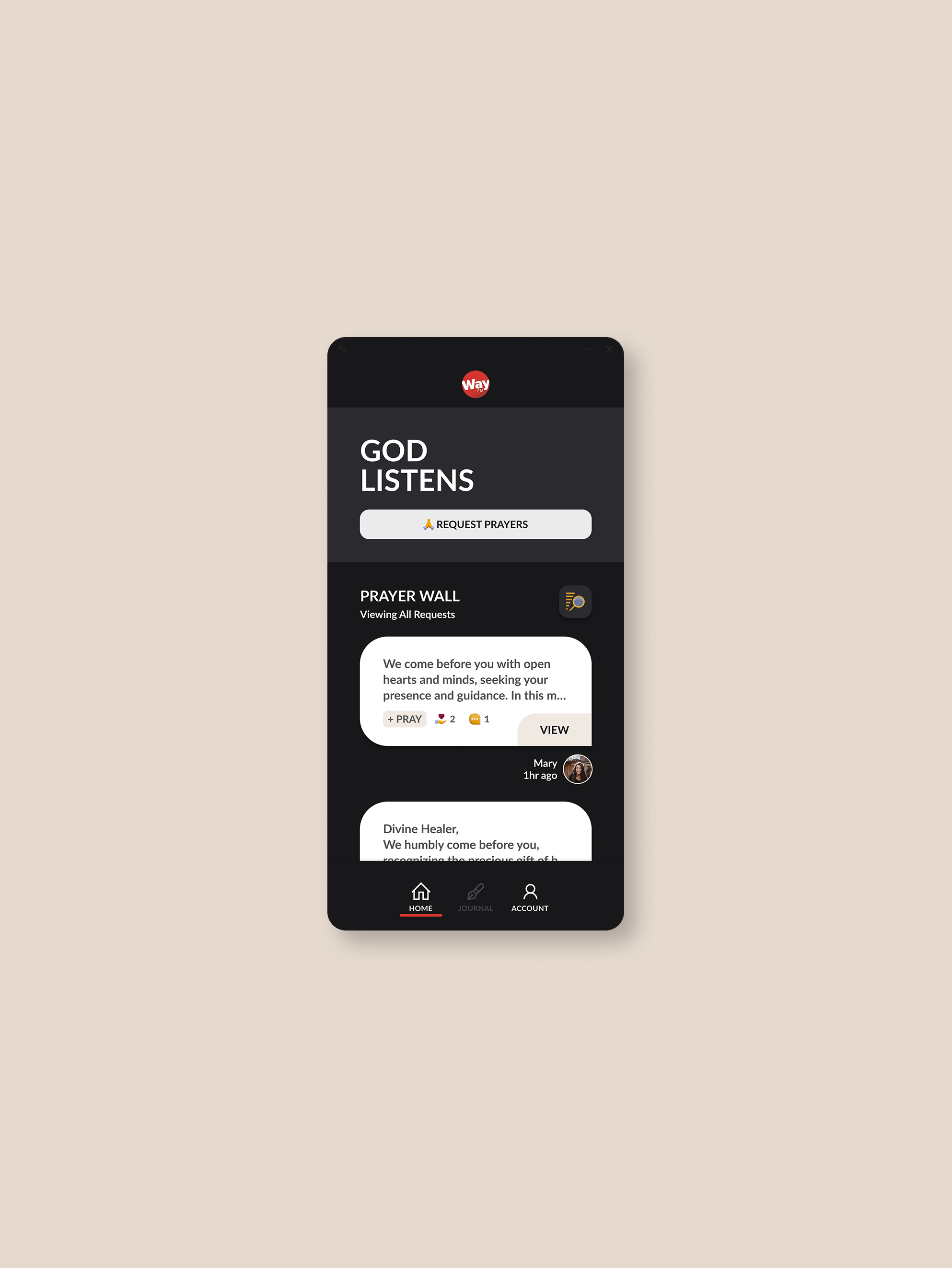 Connecting users through a widget during their time of need with God Listens