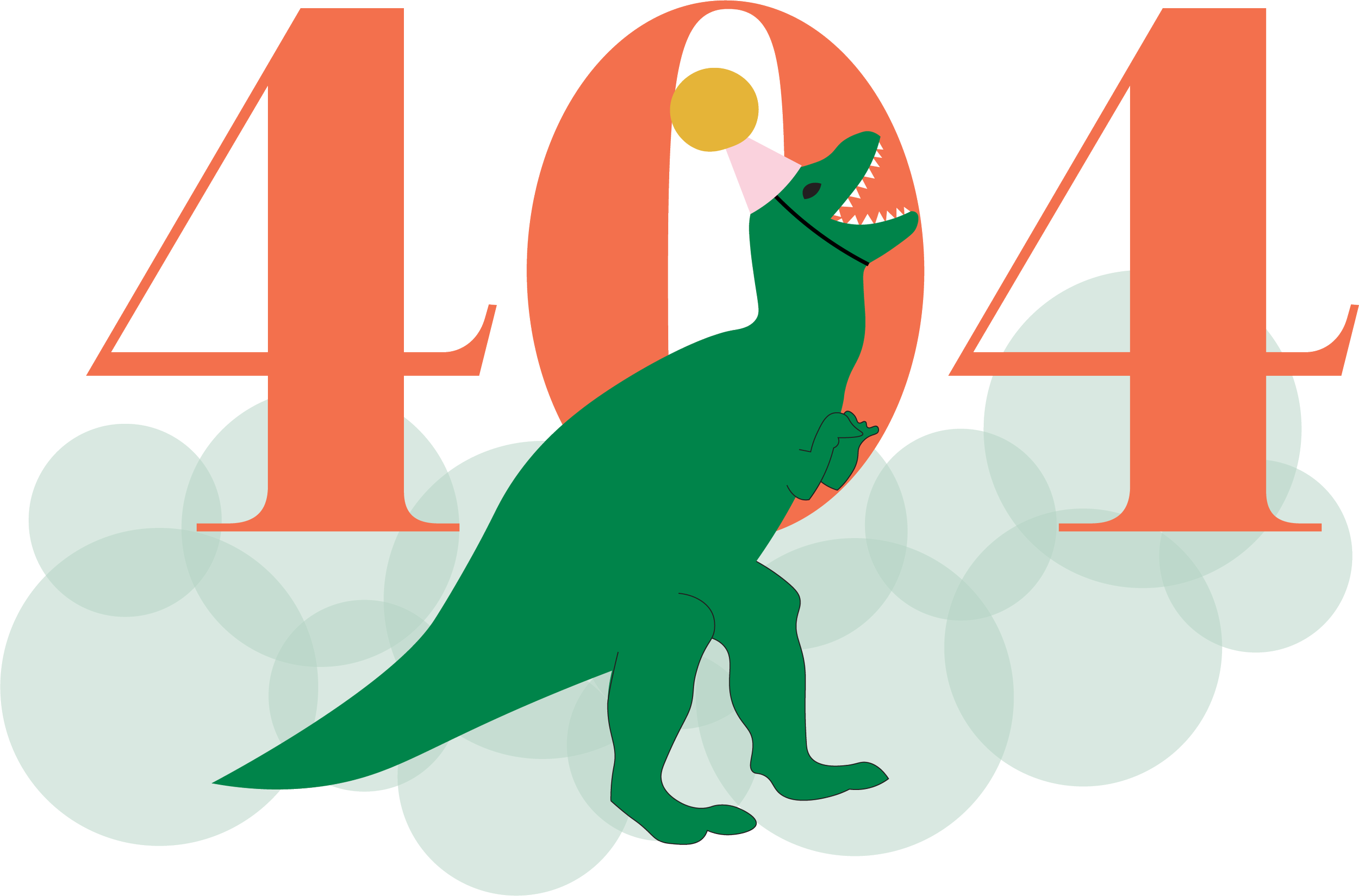 A cartoon dinosaur wearing a party hat and a pink party horn, standing in front of large orange numbers '404' on a cloud background.